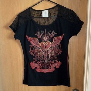 Vintage Y2K Rebel Soul With Heart and Rhinestone Graphic and Lace Sleeves L